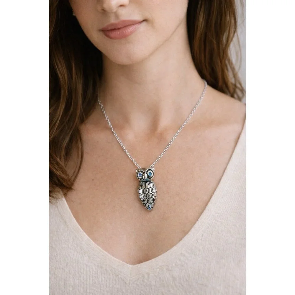 DSMK Silver Tone Stainless Steel Owl Pendant Necklace Crystal Eyes Designer
